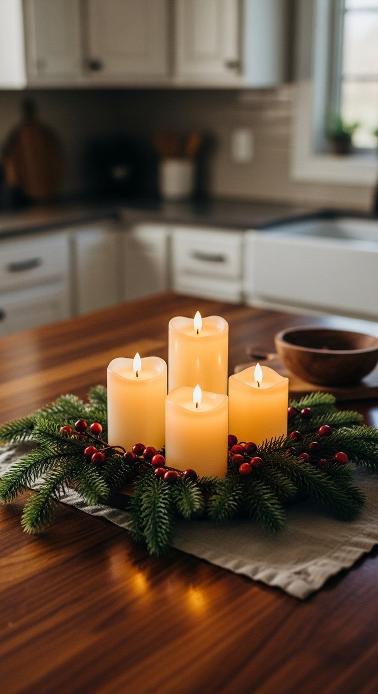 Cozy Christmas display: flameless LED pillar candles, fresh evergreens, and cranberries on dark wood kitchen island.
