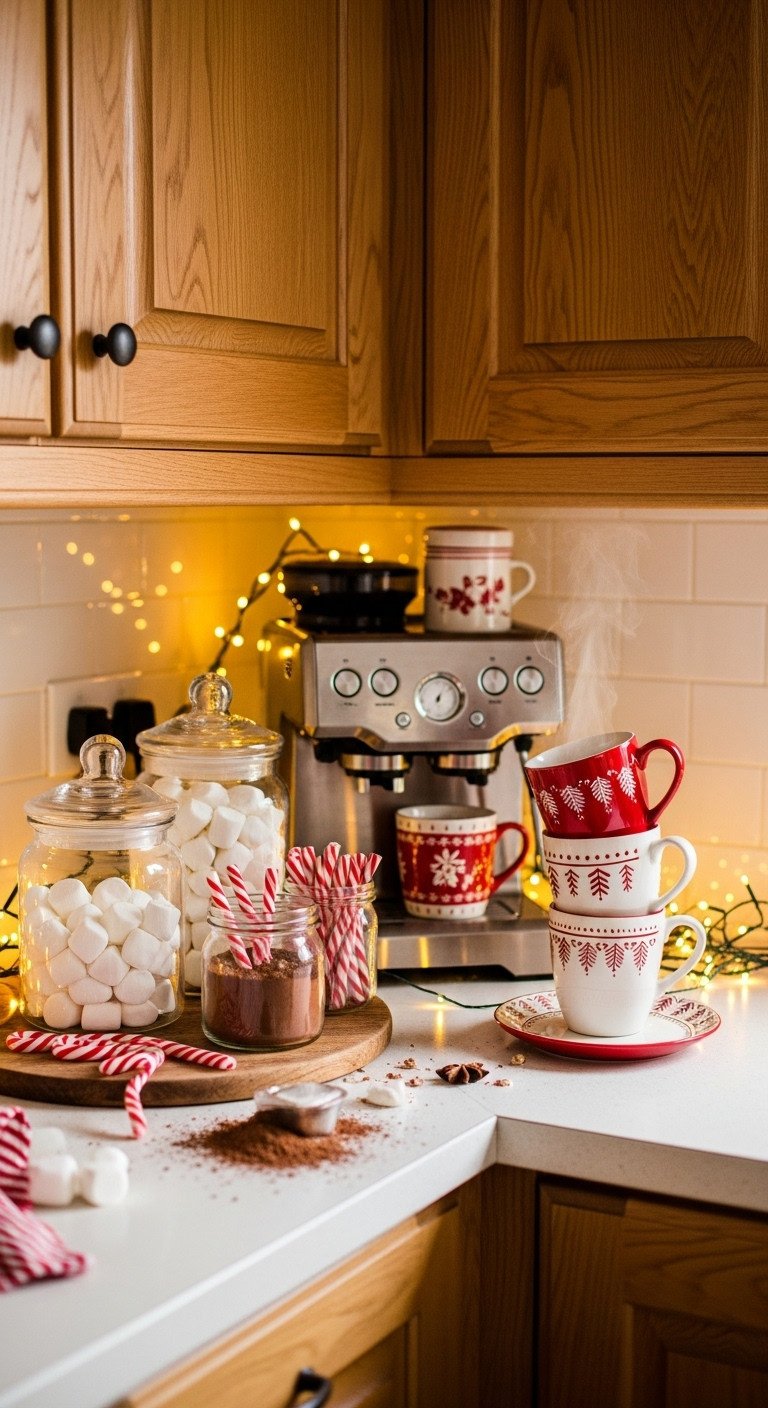 Cozy Christmas hot cocoa and coffee bar with apothecary jars festive mugs and twinkling lights in an oak kitchen
