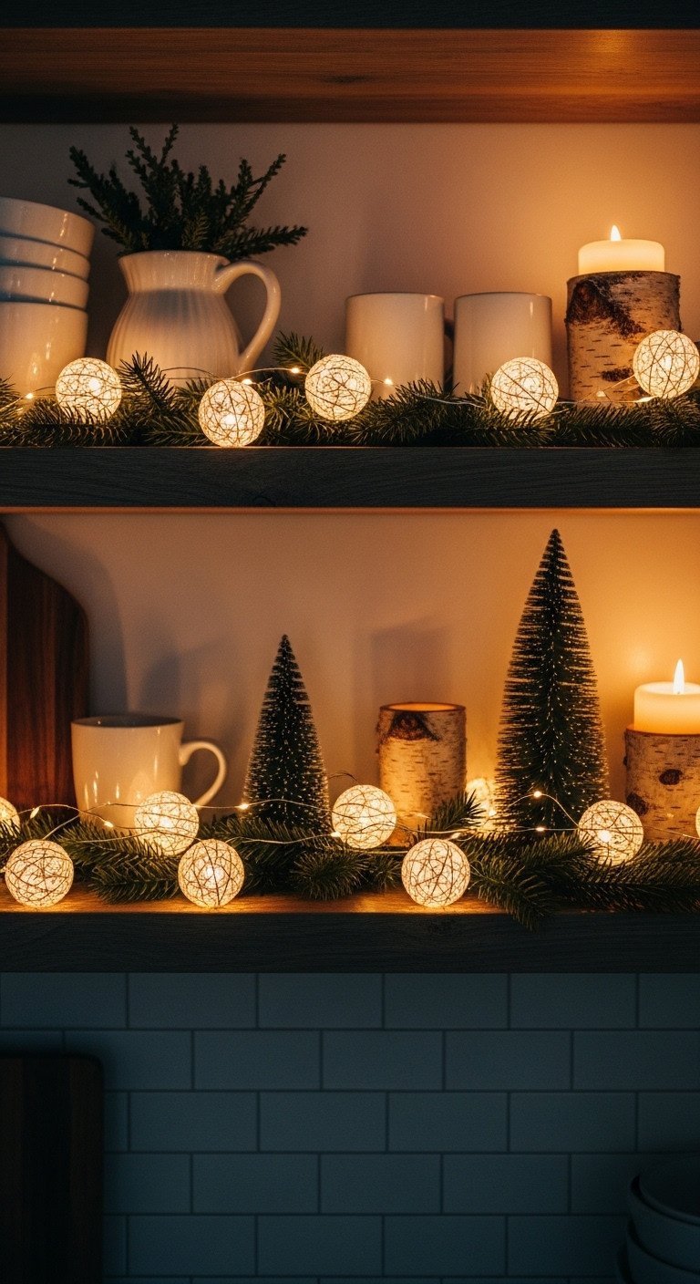 Cozy Christmas kitchen ambient lighting with warm white fairy lights woven through greenery on rustic open shelves at dusk
