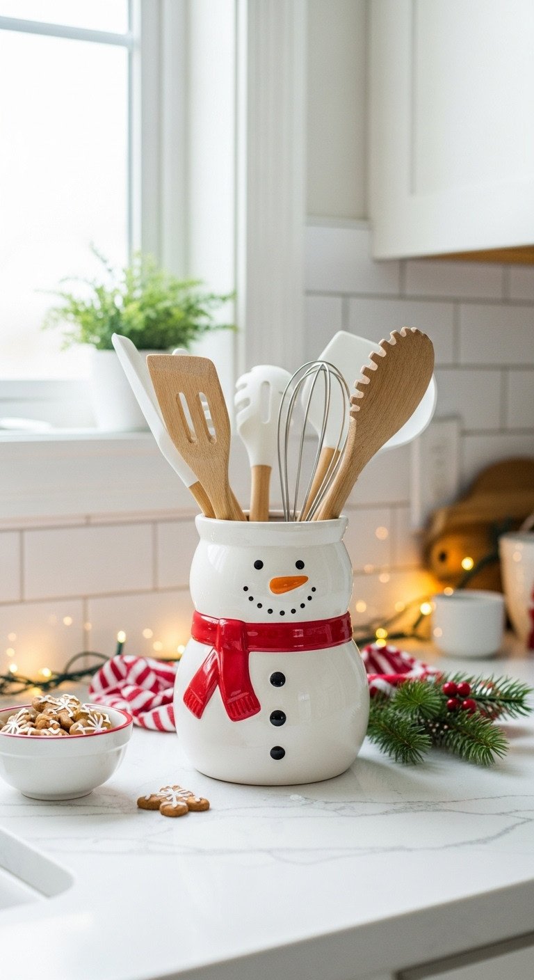 Cozy Christmas kitchen counter with charming snowman-themed ceramic utensil holder with wooden and silicone utensils