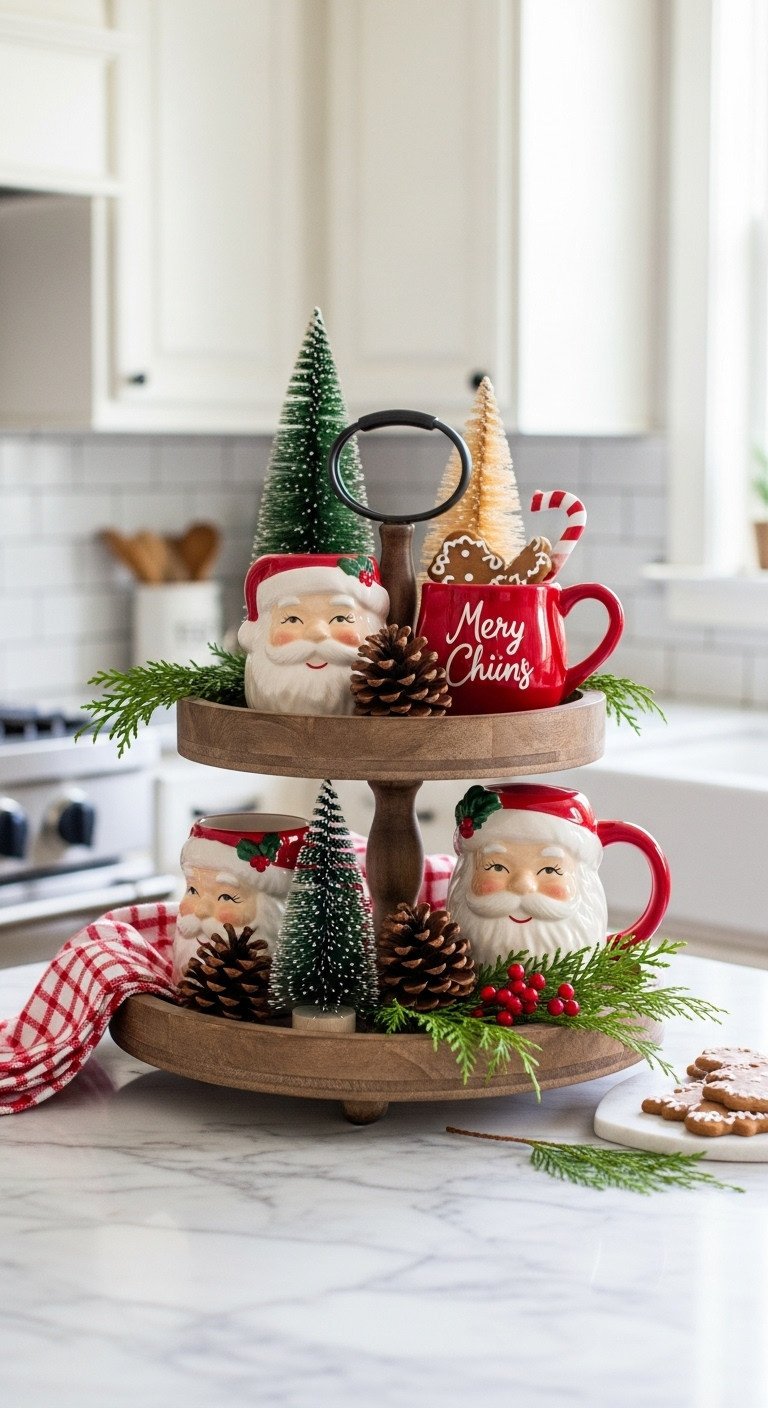 Cozy Christmas kitchen countertop tiered tray Santa mugs bottlebrush trees pinecones cedar gingerbread warm golden light