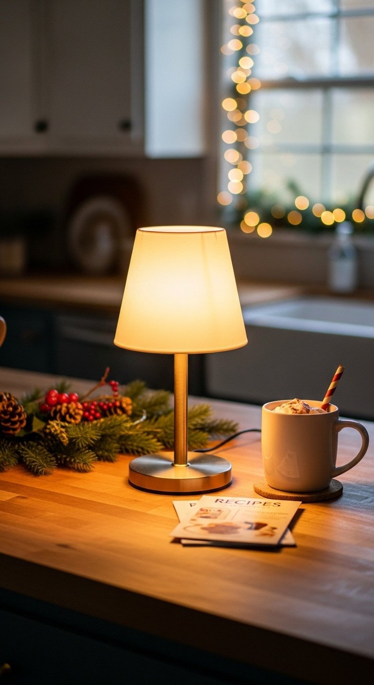 Cozy Christmas kitchen countertop with a glowing cordless accent lamp next to the sink, hot cocoa, and holiday recipe cards on butcher block