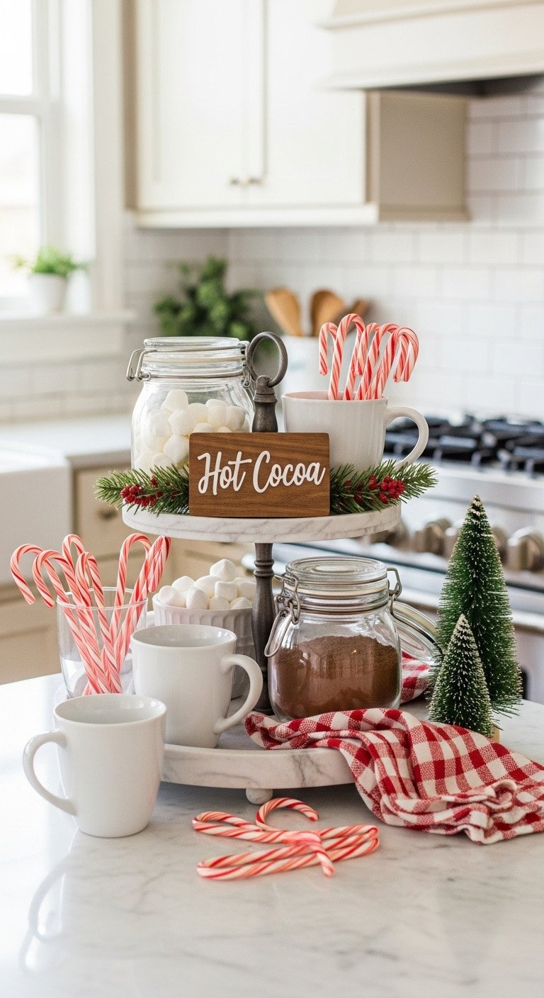 Cozy Christmas kitchen hot cocoa bar on a tiered tray with mugs marshmallows and candy canes