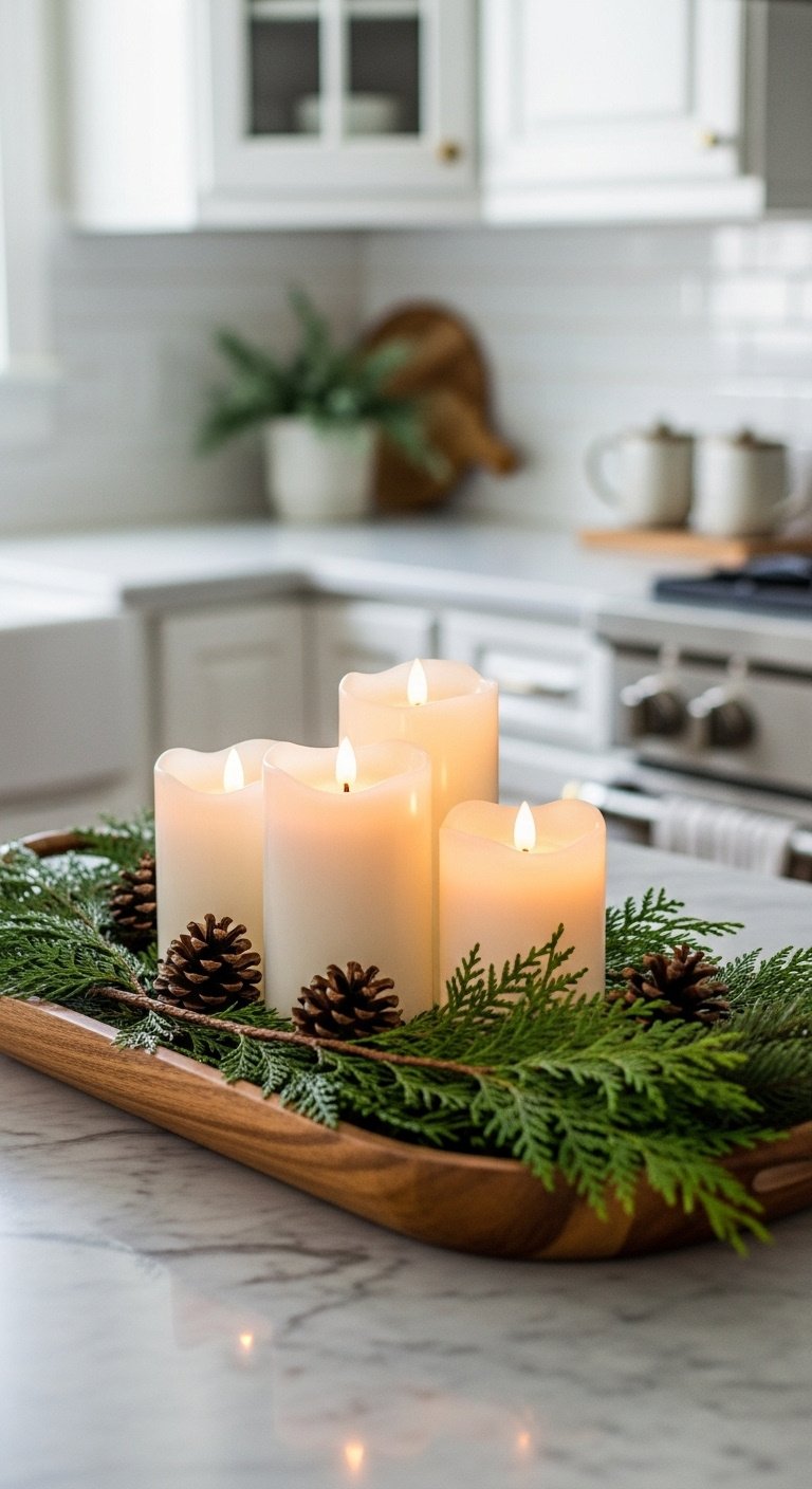 Cozy Christmas kitchen island centerpiece with rustic acacia wood tray, warm glowing flameless candles, fresh cedar, pine, and natural pinecones.