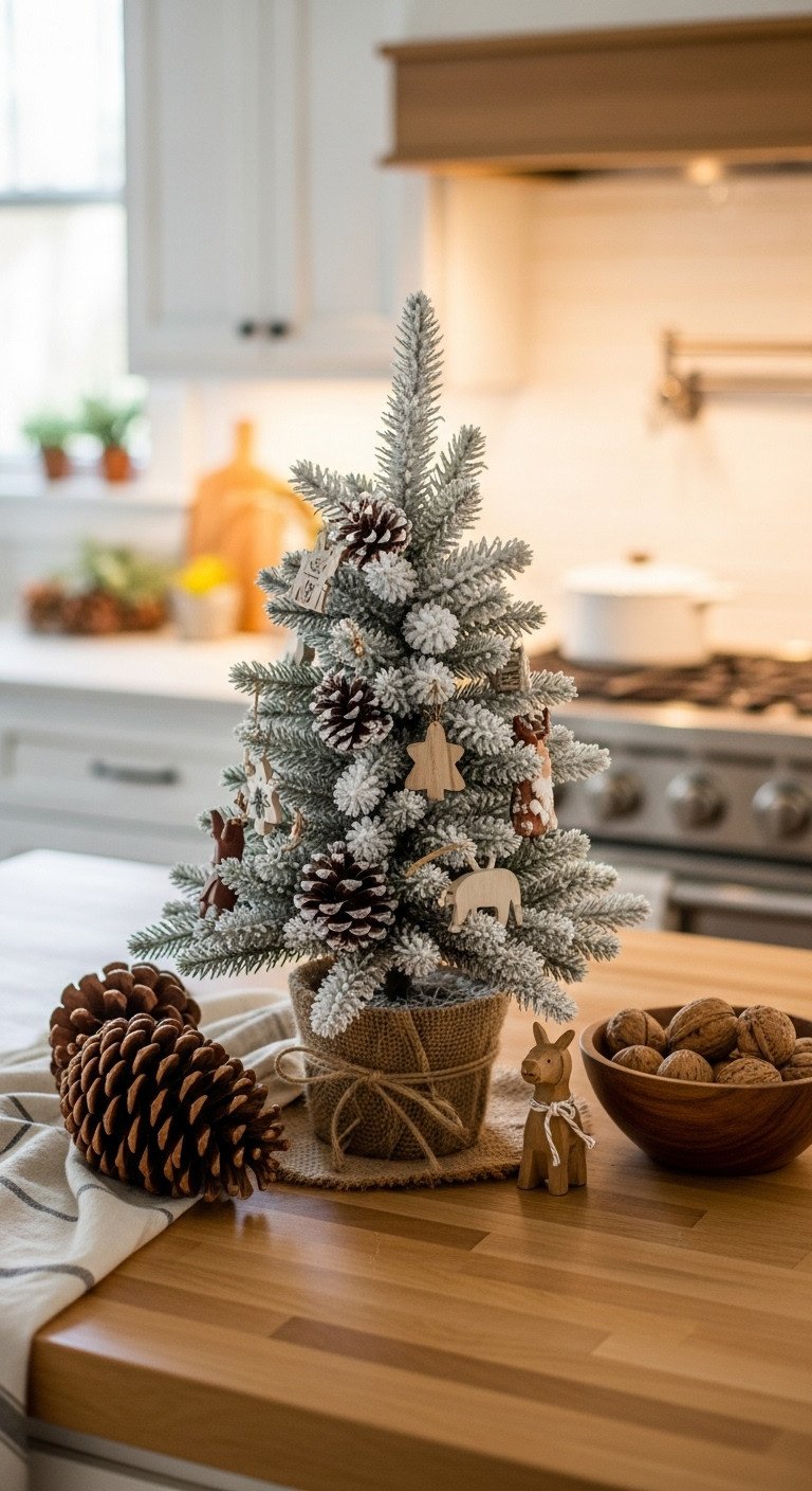 Cozy Christmas kitchen island with small flocked tabletop tree in rustic pot and woodland theme decor
