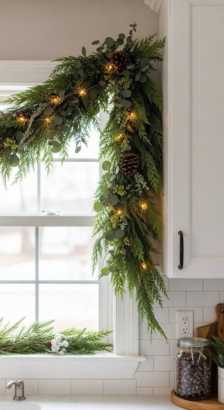 Cozy Christmas kitchen window cedar eucalyptus garland fairy lights pinecones soft bokeh natural light festive counter