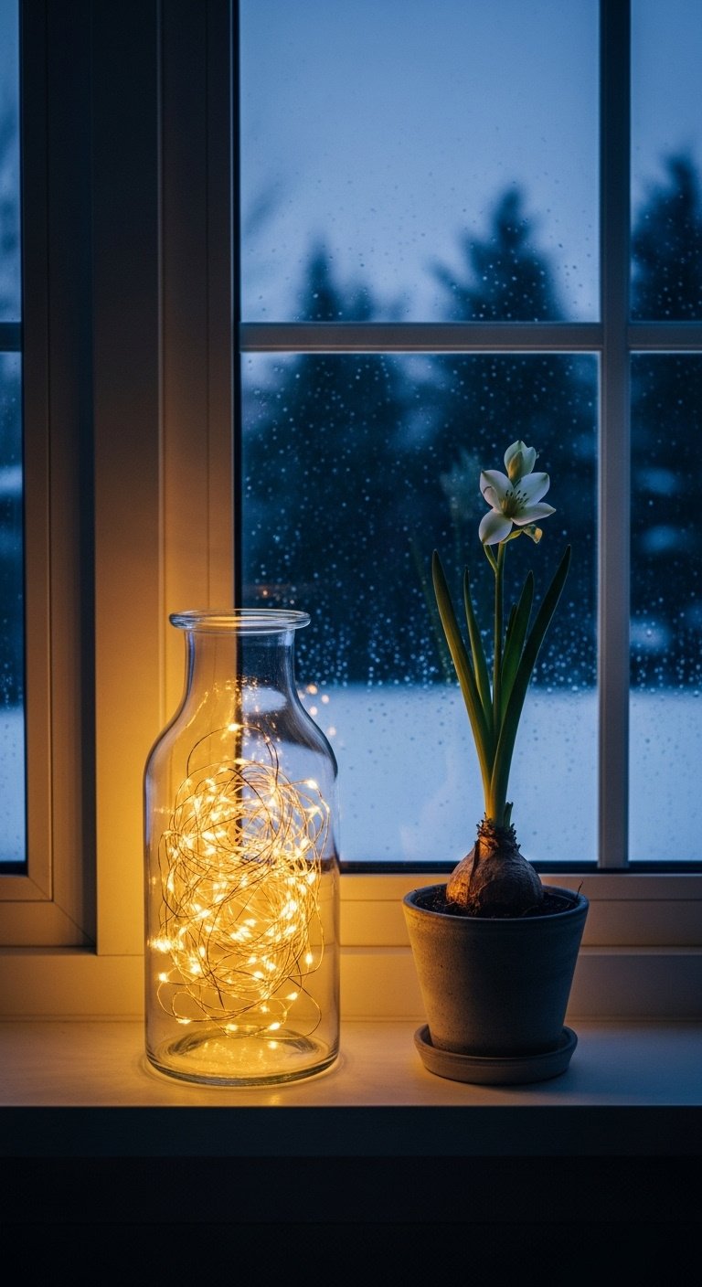 Cozy Christmas kitchen window sill at dusk, featuring a glass vase with glowing fairy lights and a sprouting paperwhite plant.