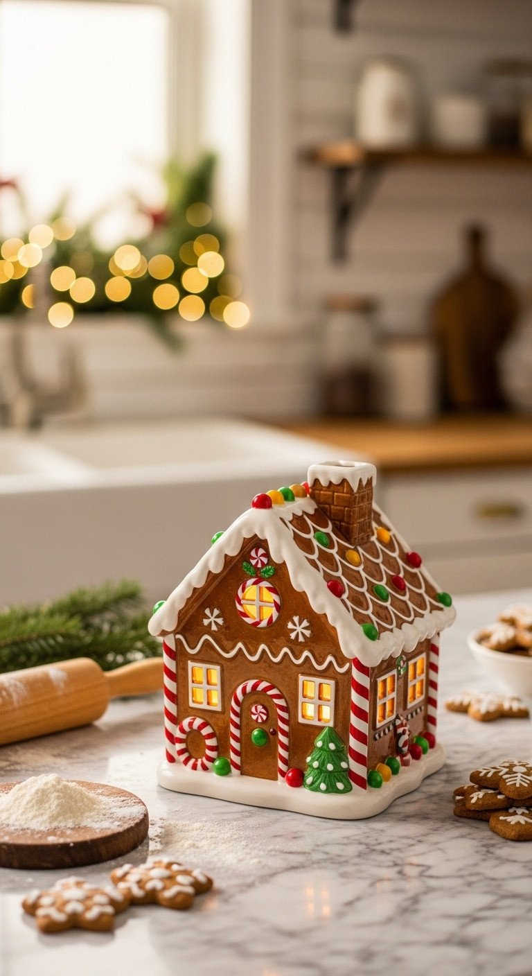 Cozy Christmas kitchen with a detailed ceramic gingerbread house cookie jar glowing on a marble countertop with cookies nearby