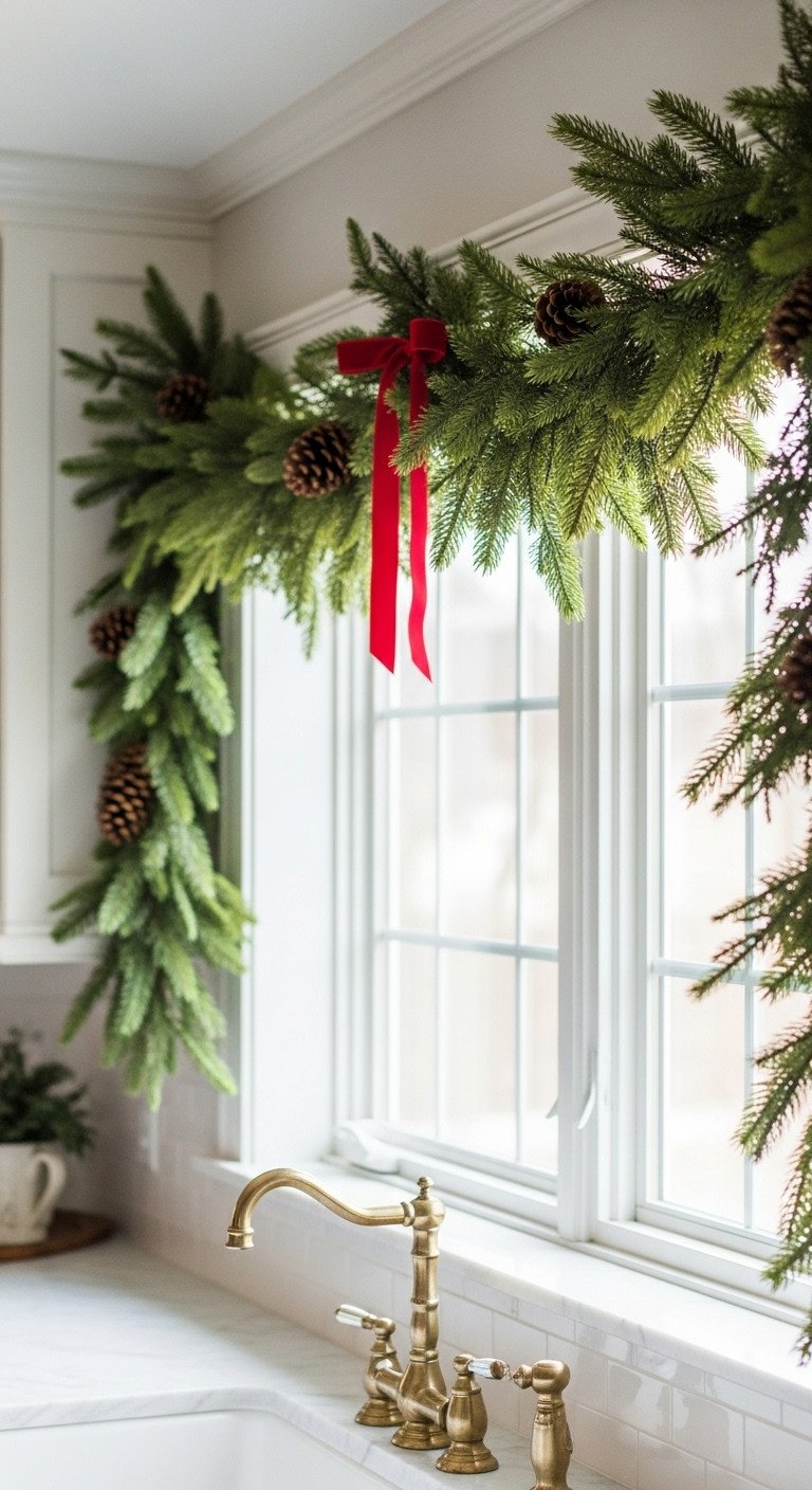 Cozy Christmas kitchen with a festive faux cedar garland draped over a window with a red velvet ribbon pinecones and natural light