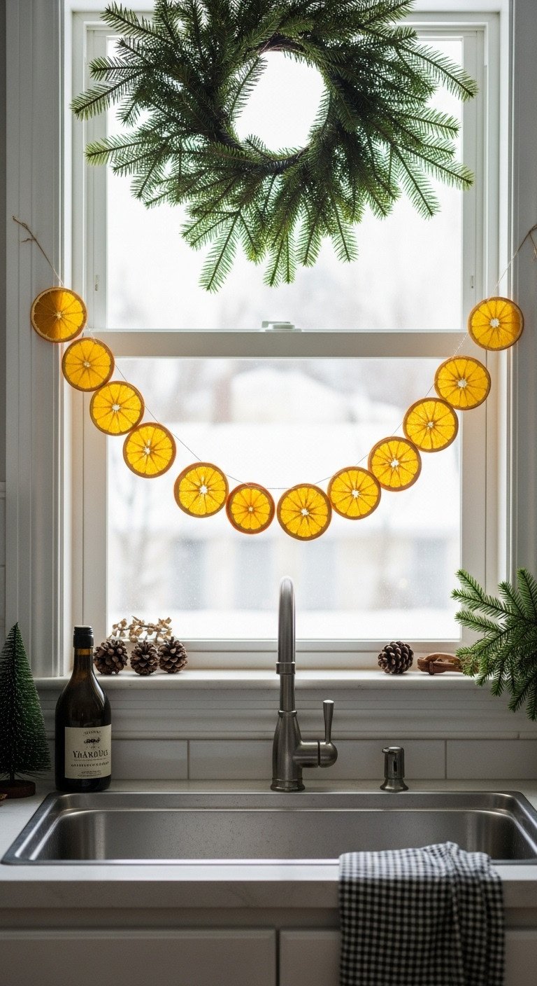 Cozy Christmas kitchen with a handmade dried orange slice garland glowing in a window with a small green wreath and snowy view outside
