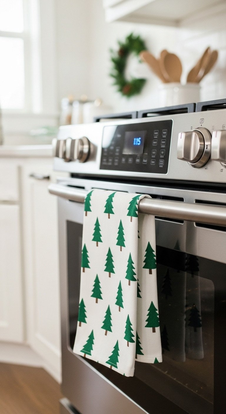 Cozy Christmas kitchen with a holiday dish towel featuring a pine tree pattern hanging from a stainless steel oven handle