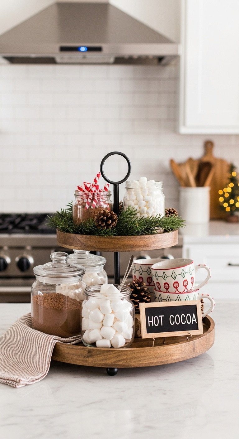 Cozy Christmas kitchen with a hot cocoa station on a two-tiered wooden tray with cocoa marshmallows mugs and a Hot Cocoa sign