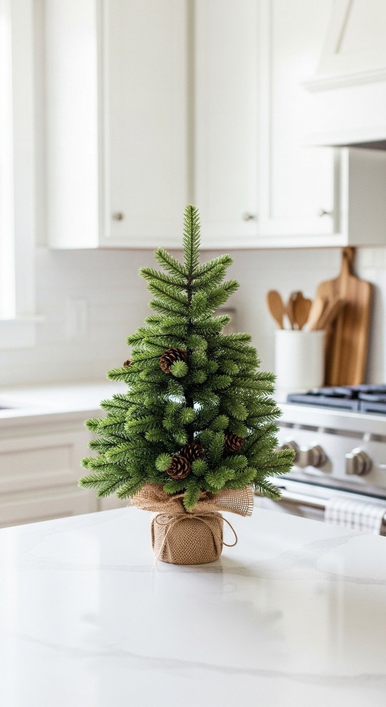 Cozy Christmas kitchen with a mini tabletop tree in a burlap base on a white quartz countertop with a utensil holder and cutting board