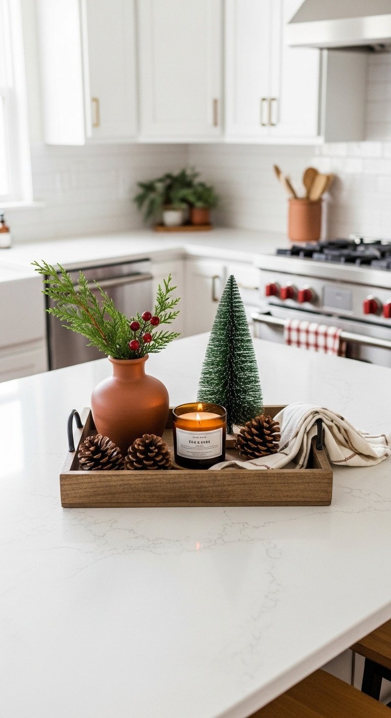 Cozy Christmas kitchen with a rustic wooden tray on a quartz island with cedar sprigs scented candle and pinecones