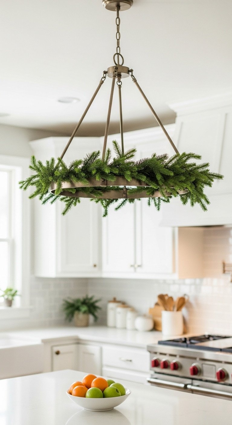 Cozy Christmas kitchen with a simple green garland draped over a modern pendant light fixture above a kitchen island with a fruit bowl