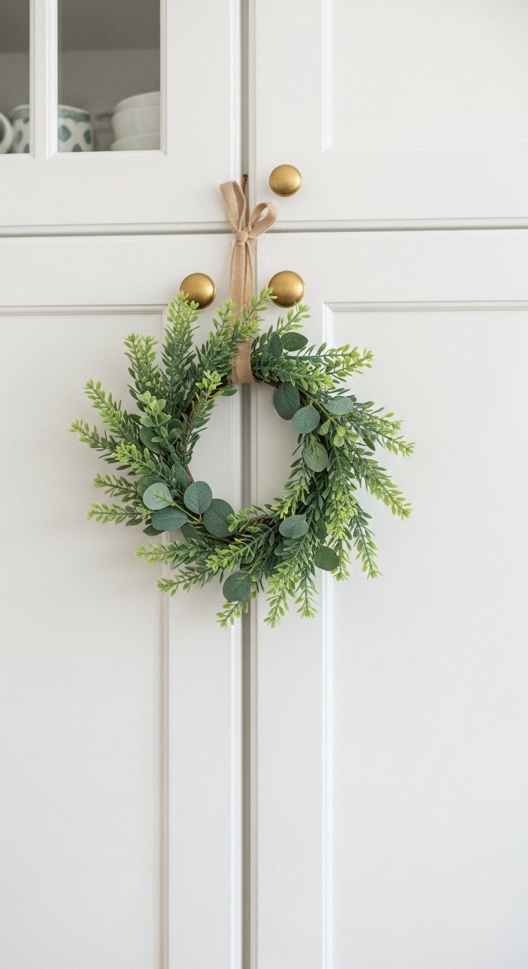 Cozy Christmas kitchen with cabinet greenery a faux eucalyptus wreath with a brass knob and soft natural light on white shaker cabinets