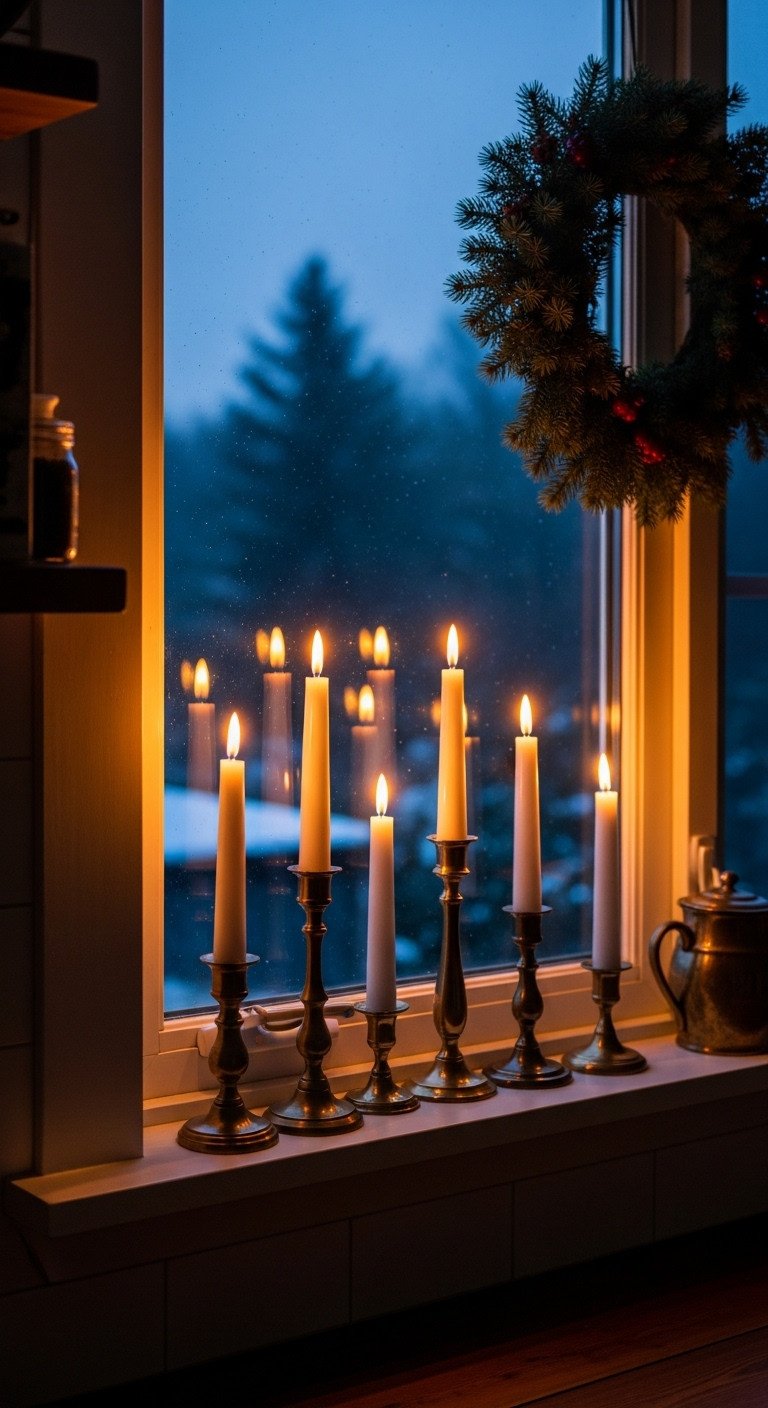 Cozy Christmas kitchen with flickering LED taper candles in vintage brass candlesticks on a wooden windowsill with a pine wreath and falling snow