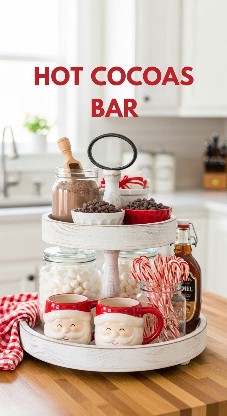 Cozy Christmas kitchen with functional hot cocoa bar tray festive mugs marshmallows and candy canes