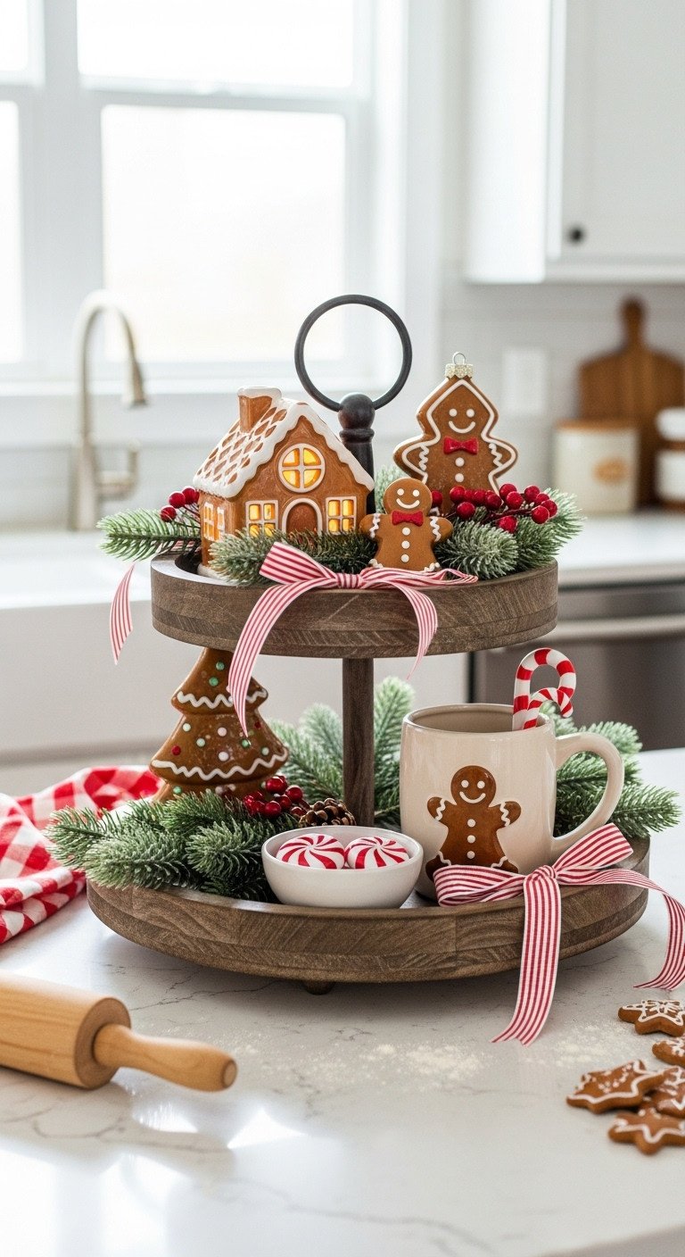 Cozy Christmas kitchen with gingerbread themed decor on a two-tiered rustic wood tray with house and ornaments