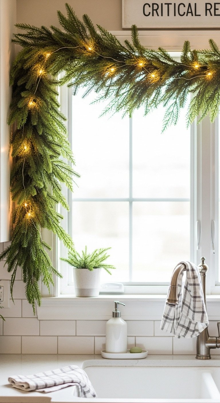 Cozy Christmas kitchen with lush faux cedar garland and warm fairy lights draped over the sink window above white subway tiles and a clean countertop