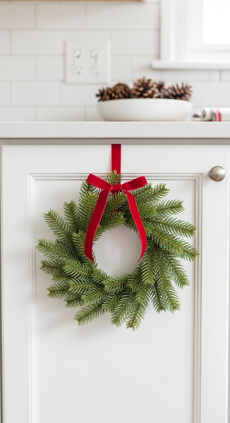Cozy Christmas kitchen with mini wreath on white cabinet festive red ribbon pinecones soft bokeh natural light