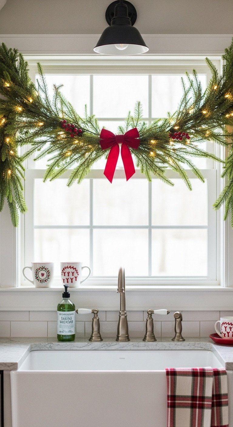 Cozy Christmas kitchen with pre-lit cedar garland over sink window with red berry clusters and velvet bow