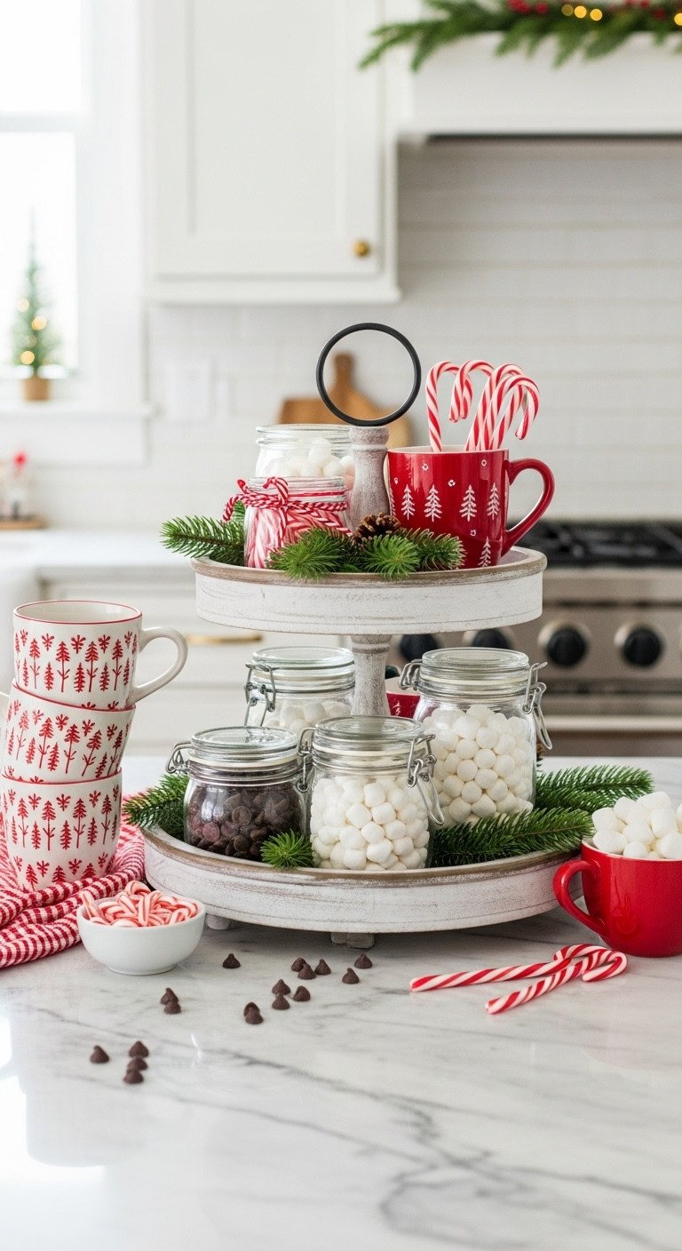 7 Christmas Kitchen Decor Hot Cocoa Bar Ideas For A Cozy Home 1 Cozy Christmas kitchen with rustic tiered tray hot cocoa station mugs marshmallows and candy canes