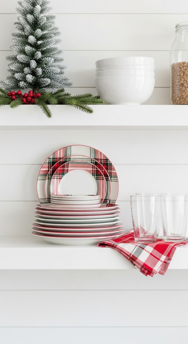 Cozy Christmas kitchen with seasonal dishes a stack of festive plaid dinner plates on a white floating shelf with white shiplap wall