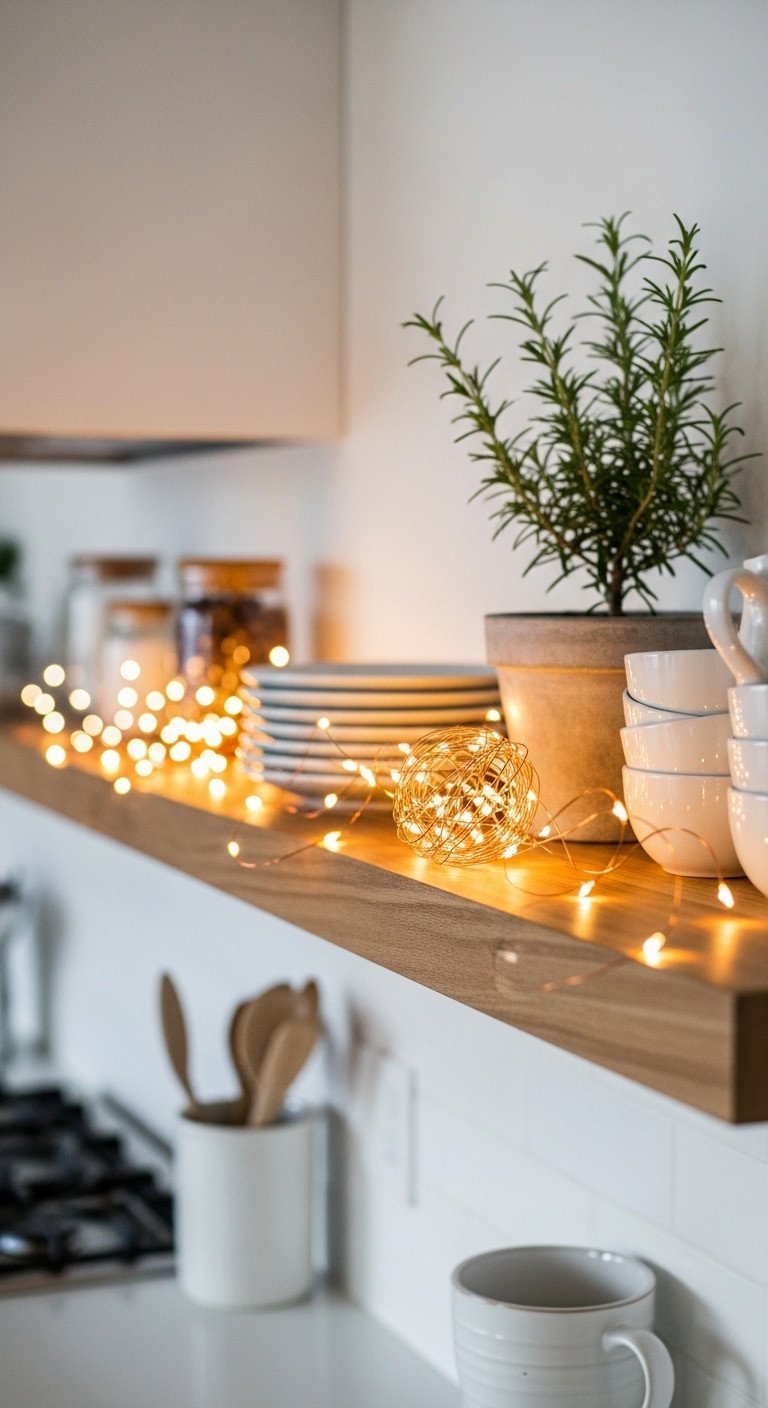 Cozy Christmas kitchen with twinkle lights woven through ceramic mugs plates and a rosemary tree on a white open wooden shelf