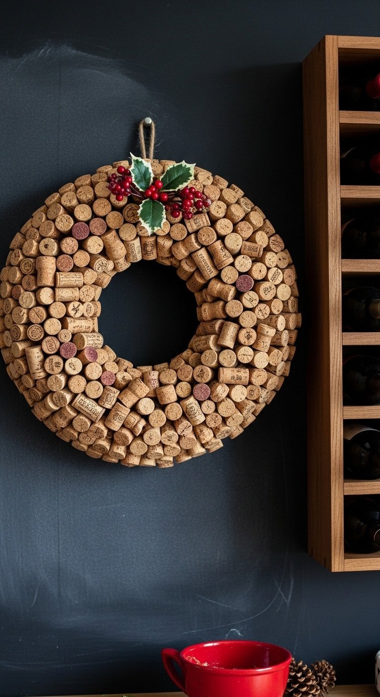 Cozy Christmas kitchen with unique DIY wine cork wreath accented with holly and berries on a chalkboard wall