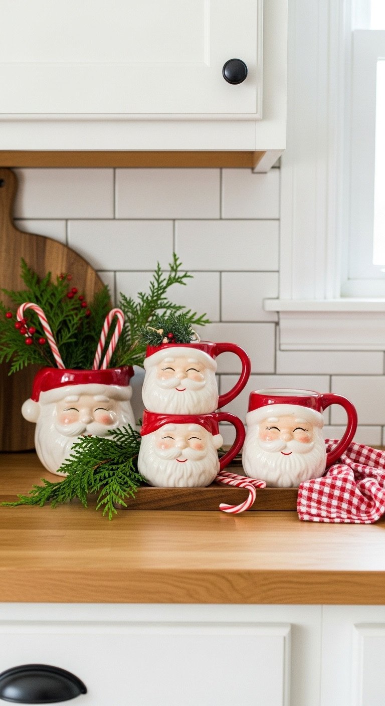 Cozy Christmas kitchen with vintage-style Santa Claus mugs on a wooden tray with cedar sprigs and a candy cane on a butcher block countertop
