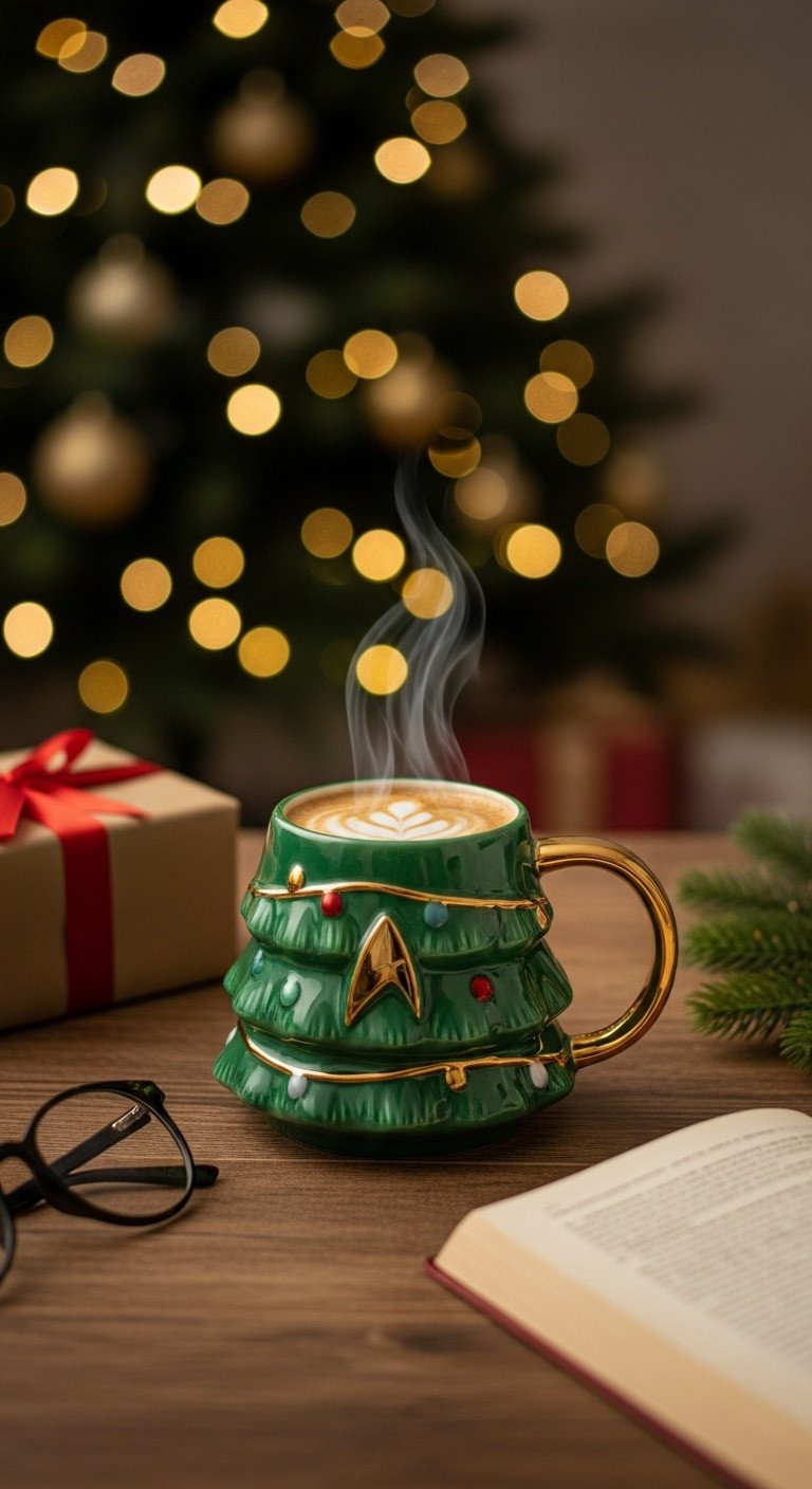 Cozy Christmas living room with a fandom-themed ceramic tree mug with Star Trek insignia on a rustic table