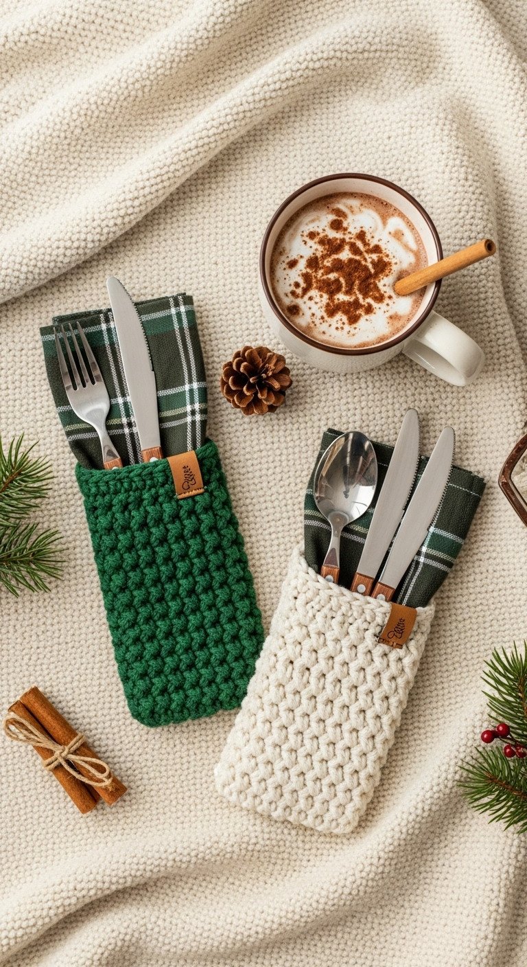 Cozy Christmas setting with hand-crocheted forest green and cream cutlery holders with wooden utensils