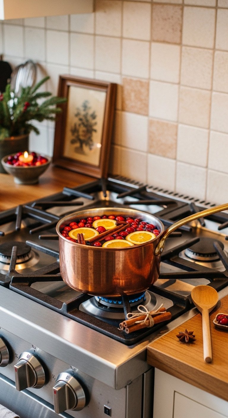 Cozy Christmas stovetop with a copper pot simmering cranberries orange slices and cinnamon sticks with a vintage framed art piece
