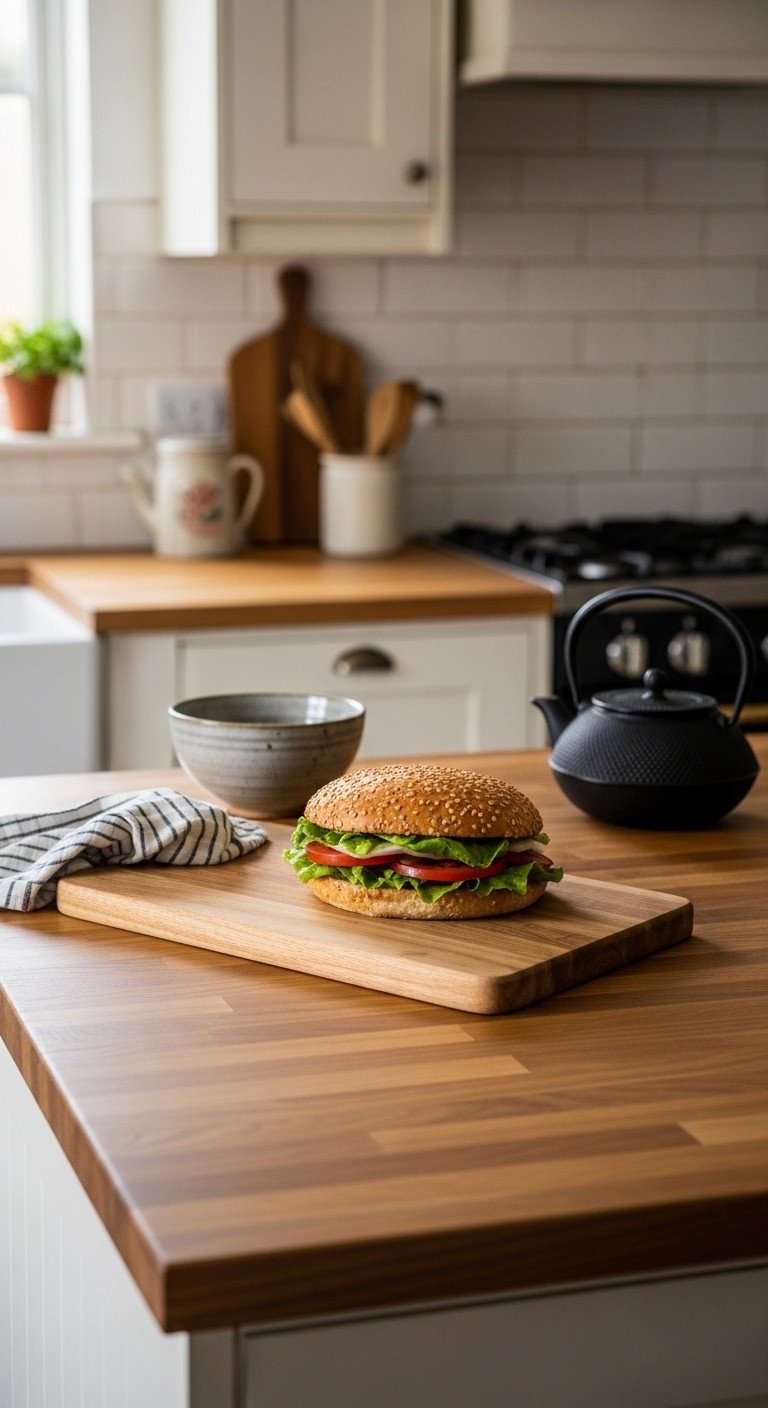 Cozy Japandi kitchen island with warm light oak or walnut butcher block countertop ceramic bowl and cast iron teapot in golden hour light