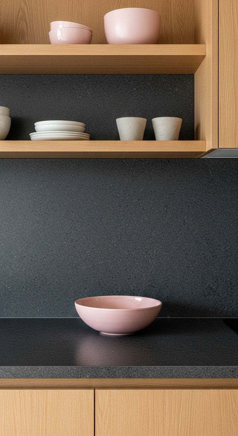 Cozy Japanese kitchen with dark gray slate or soapstone backsplash light wood open shelves and ceramic pieces in dramatic lighting