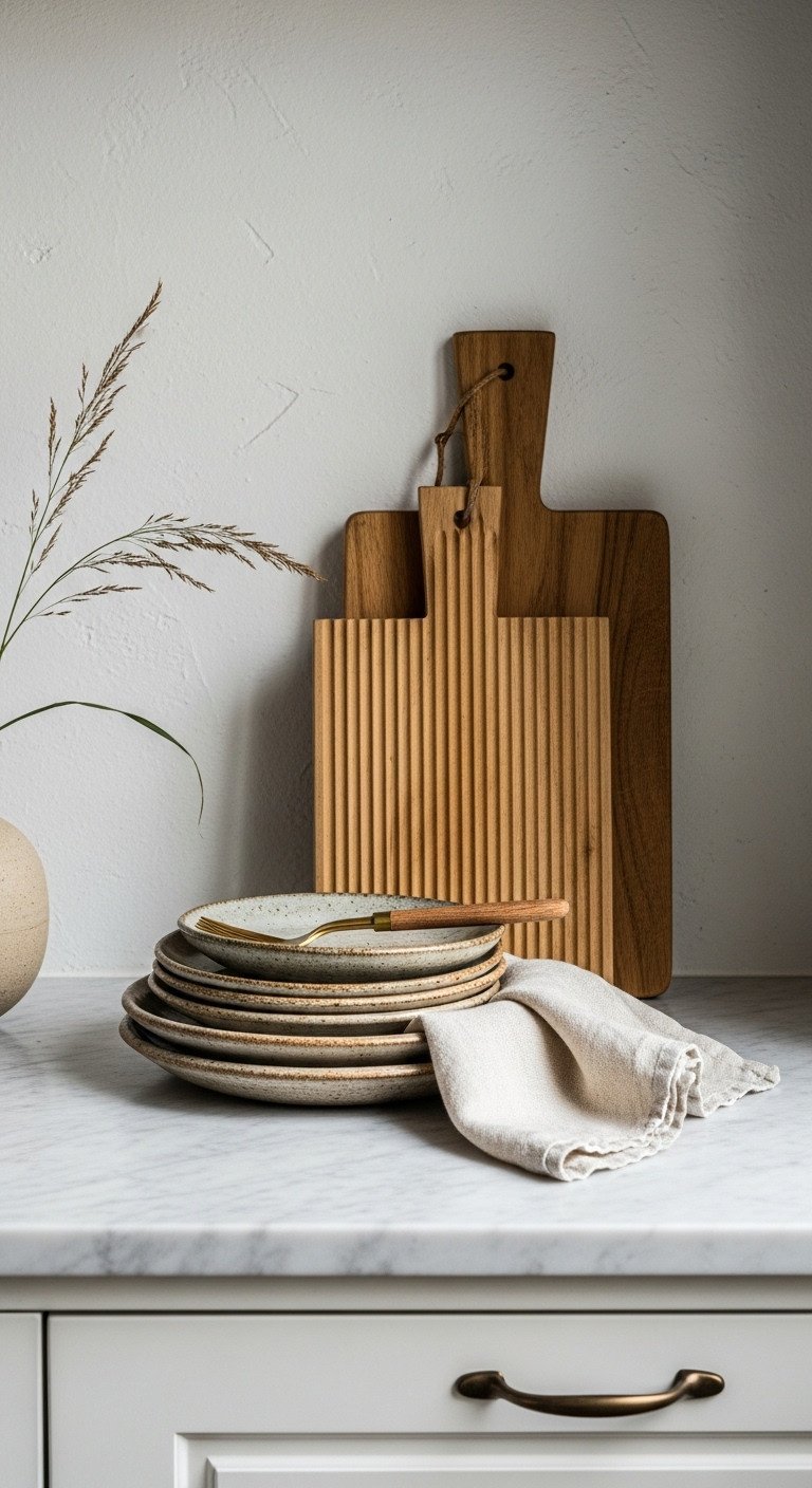 Cozy Japanese kitchen with earthenware plates linen napkin fluted wood cutting board and dried grass vase on stone countertop