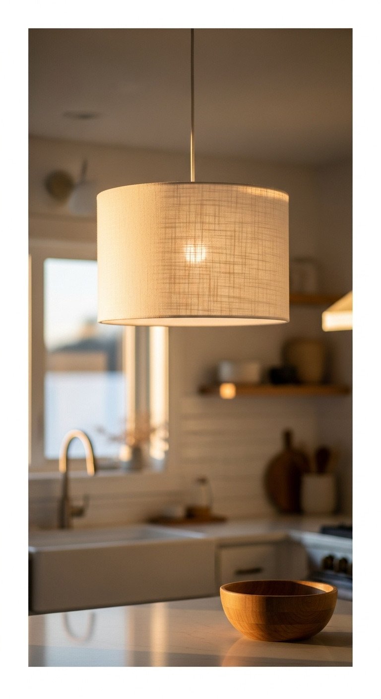 Cozy Japanese kitchen with elegant rice paper lantern pendant light over small island casting soft warm glow in golden hour light
