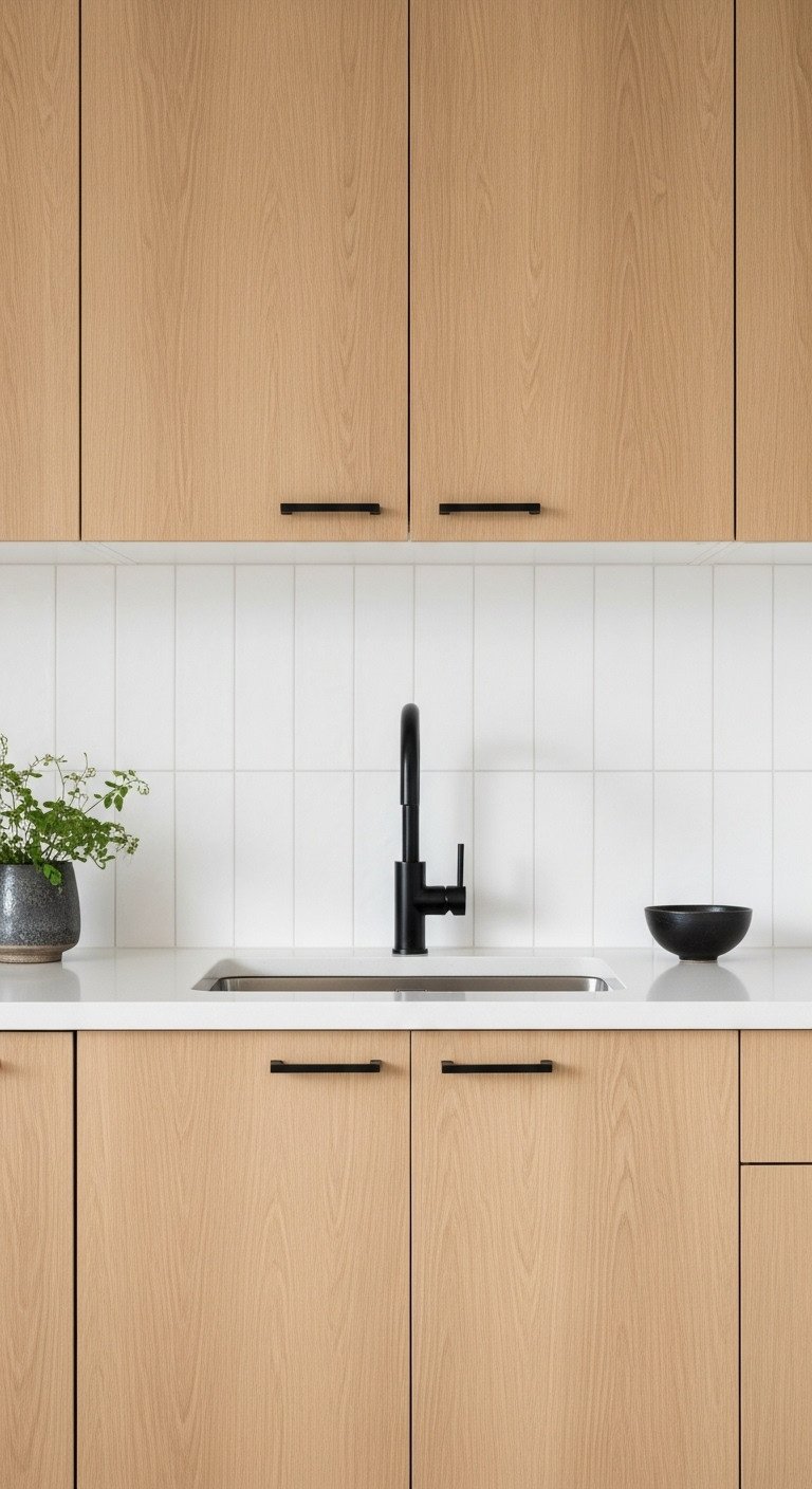Cozy Japanese kitchen with light oak cabinets matte black pulls matching faucet and white subway tile backsplash in daylight