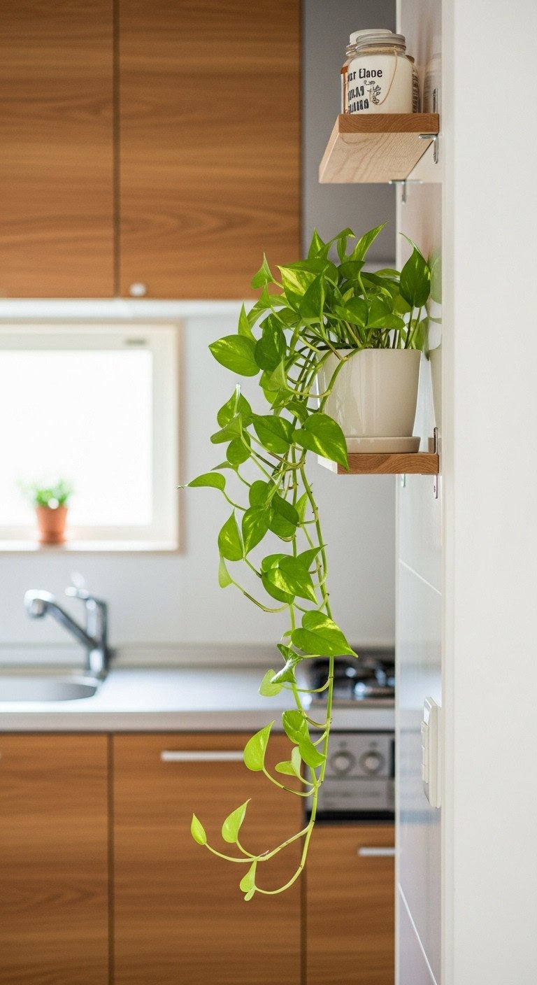 Cozy Japanese kitchen with lush green pothos plant in ceramic pot on wooden countertop in bright airy daylight