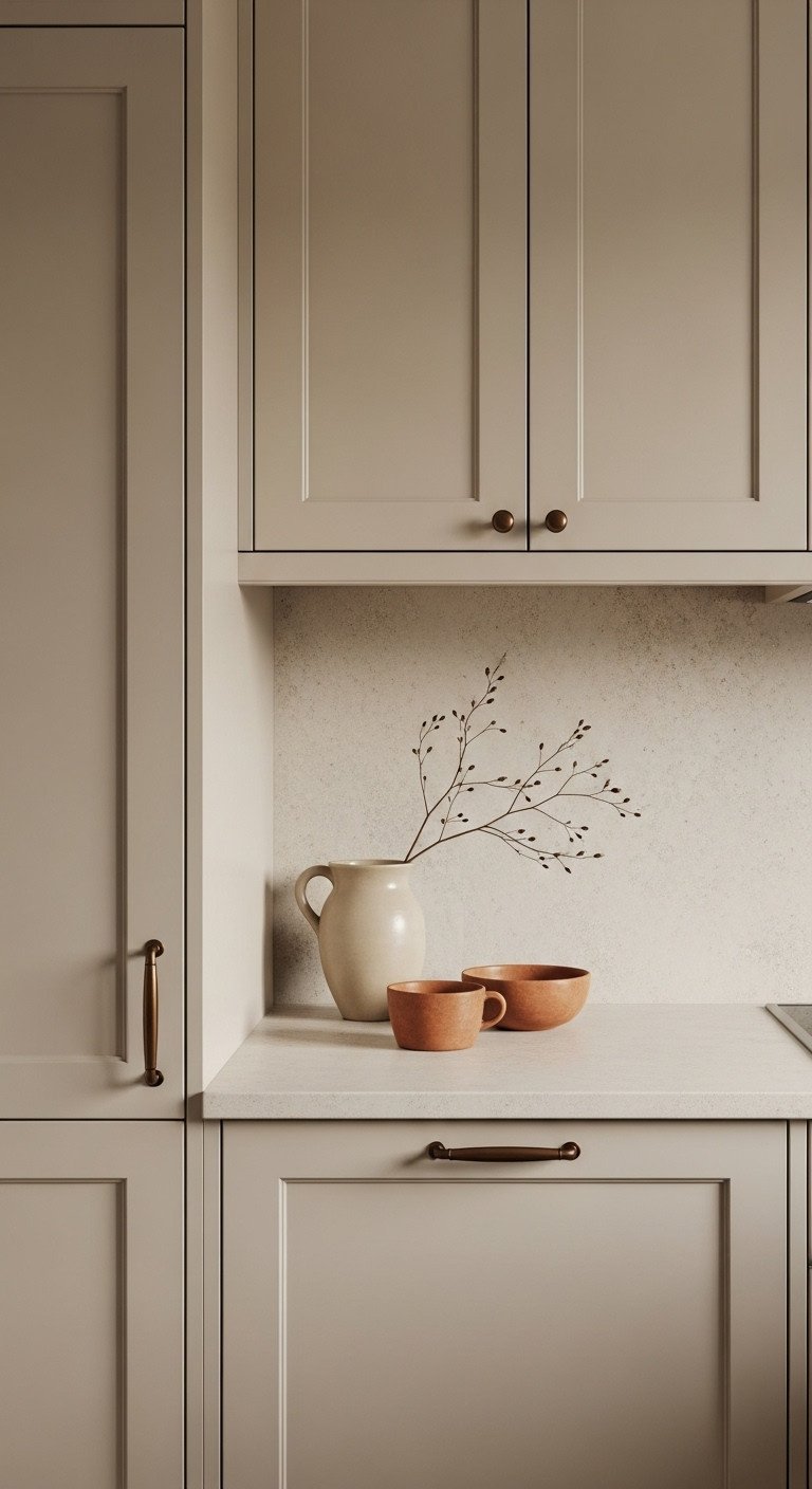 Cozy Japanese kitchen with matte beige or taupe cabinets light stone countertop and ceramic vase with dry branch in natural light