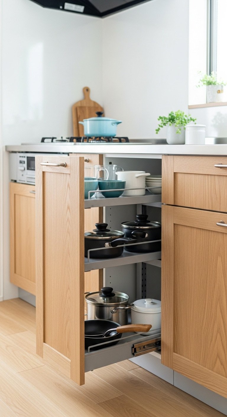 Cozy Japanese kitchen with open base cabinet revealing multi-tiered pull-out organizer with neatly arranged pots pans and lids