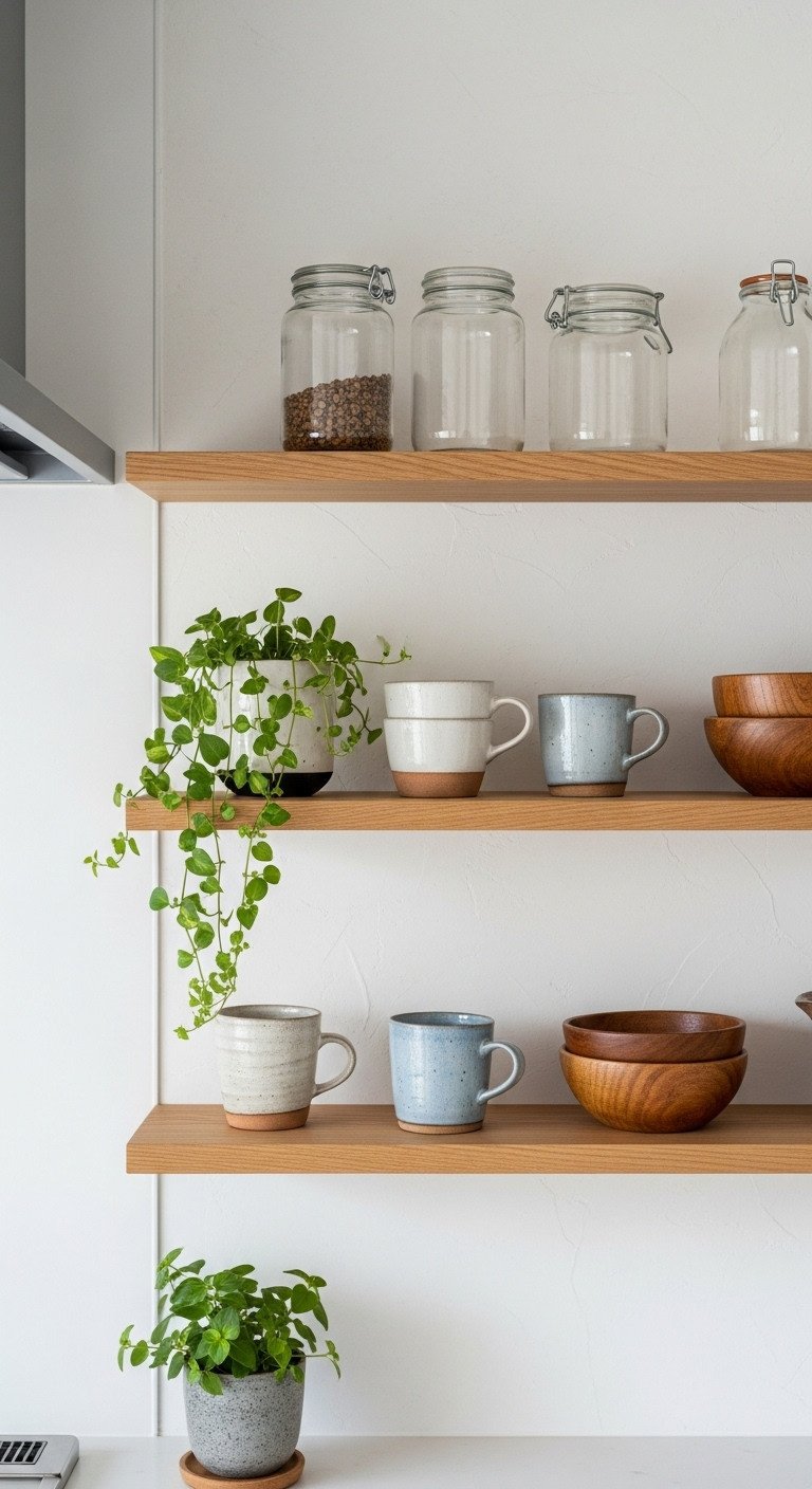 Cozy Japanese kitchen with open light oak floating shelves ceramic mugs green plants and wooden bowls against plaster wall in daylight