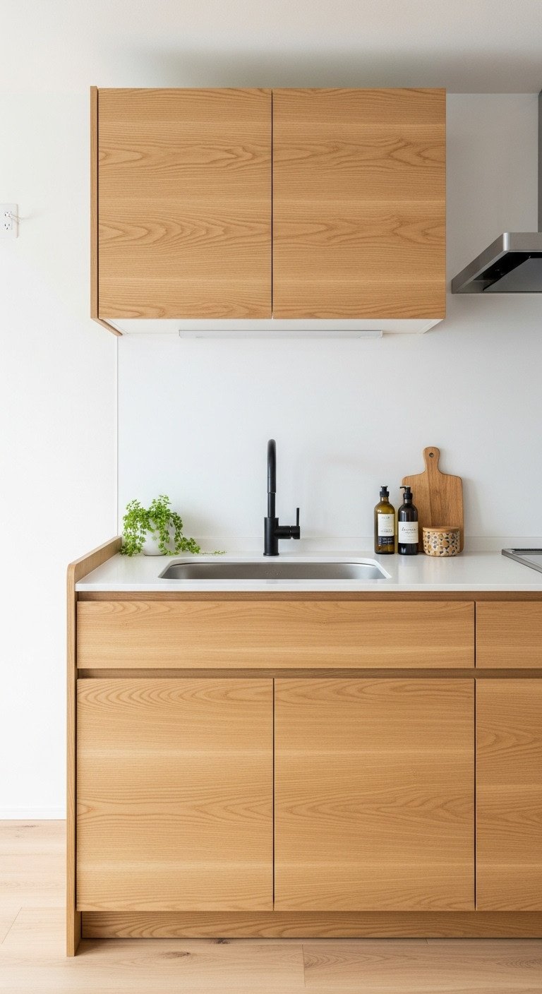 Cozy Japanese kitchen with sleek light ash or oak natural wood cabinets white countertop backsplash black faucet and green plant