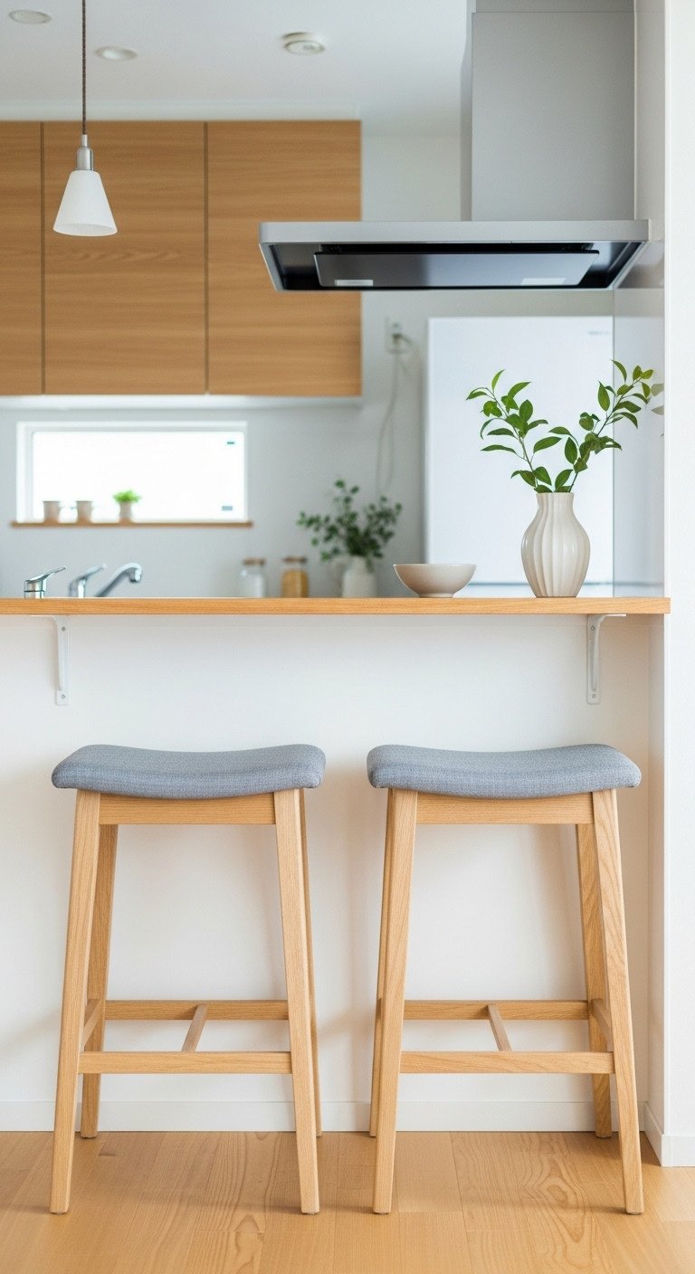 Cozy Japanese kitchen with two sleek wooden counter stools tucked under a small kitchen island in bright daylight