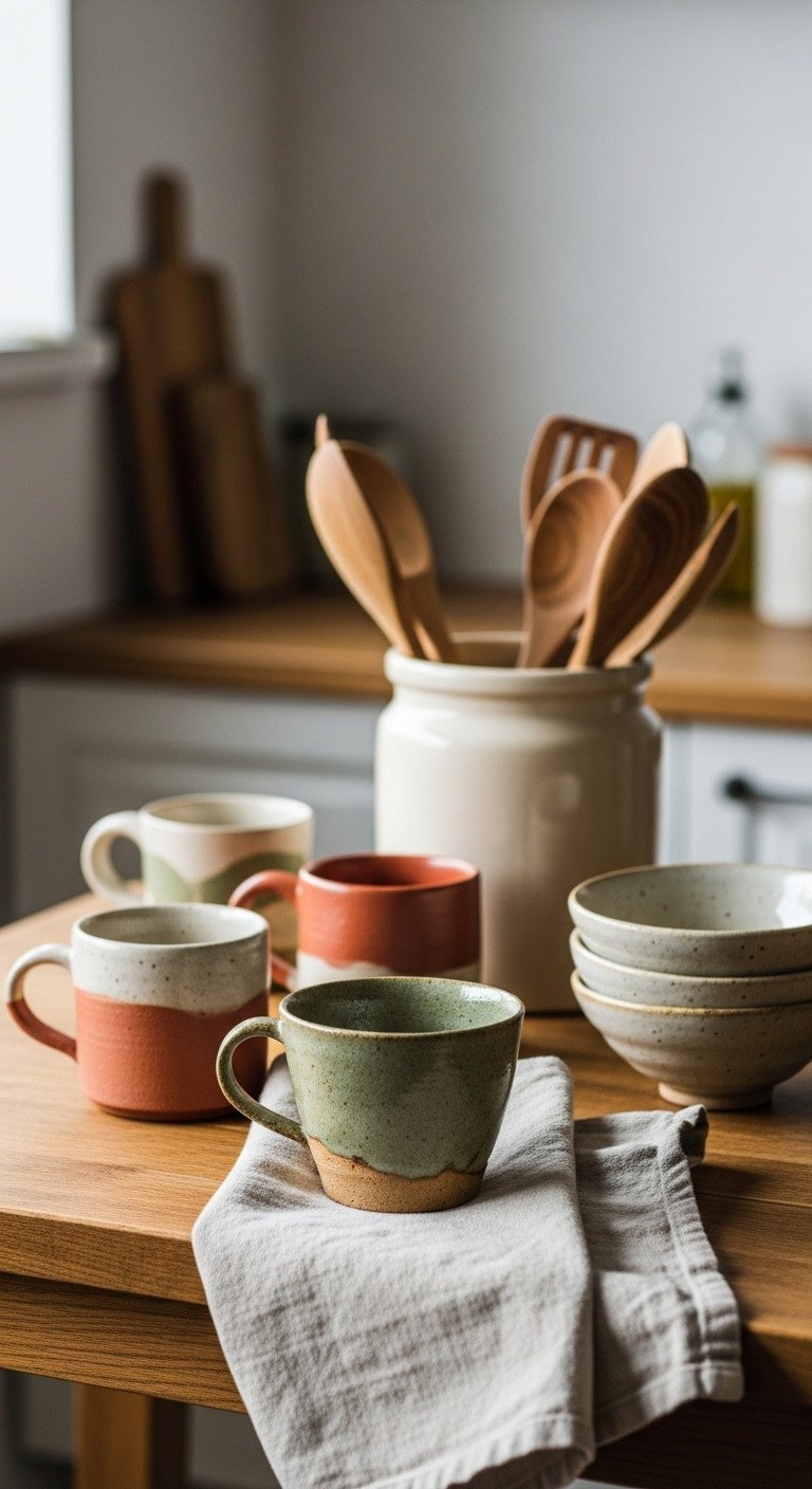 Cozy Japanese kitchen with wabi-sabi ceramic mugs bowls and linen tea towel on wooden countertop in natural light
