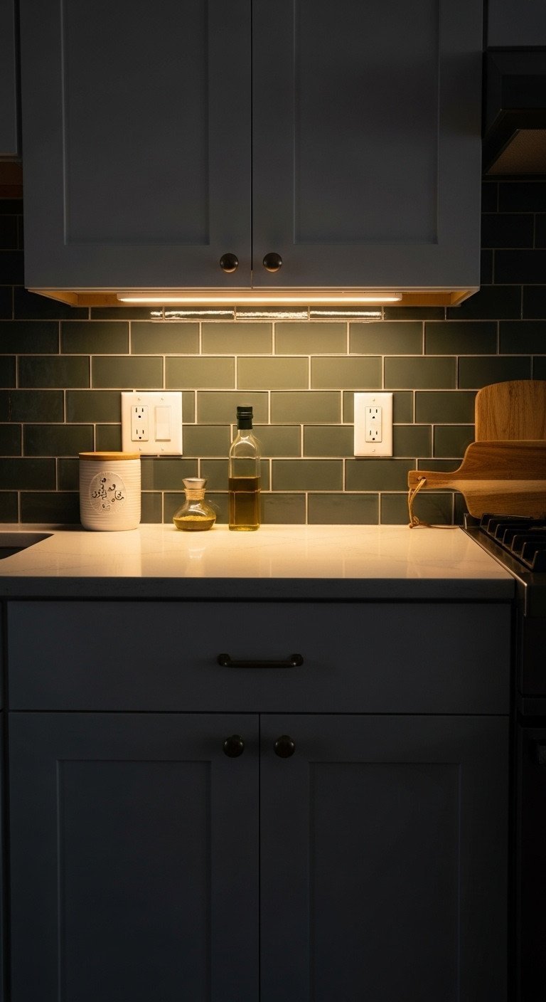 Cozy NYC kitchen at dusk, featuring warm under-cabinet LED lights illuminating a gray quartz countertop and green backsplash.