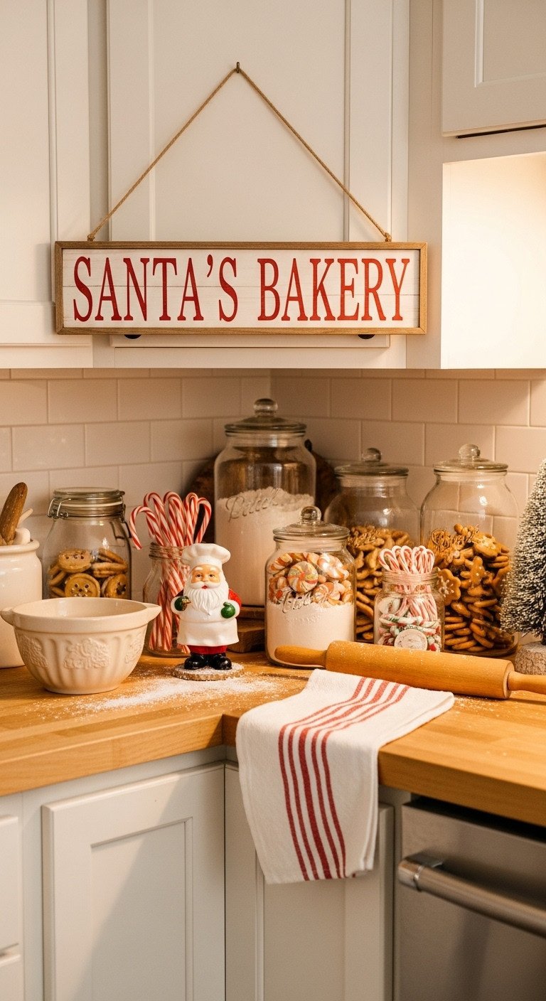 Cozy "Santa's Bakery" kitchen nook. Rustic sign, vintage jars of Christmas cookies, candy canes, Santa chef, and red/white towels on butcher block.