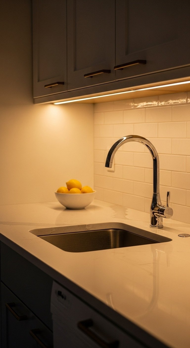 Cozy U-shaped kitchen at dusk with warm under-cabinet LED lighting illuminating a pristine quartz countertop, chrome faucet & fresh lemons.