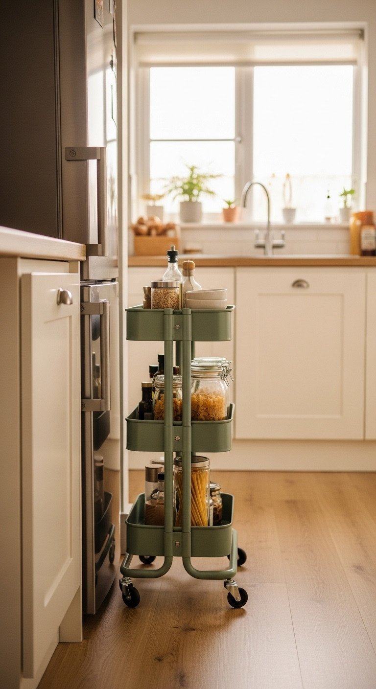 Brilliant Uk Apartment Kitchen Ideas For Renters And Small Spaces 4 Cozy UK kitchen with sage green slimline trolley cart storing pasta and oils, tucked between fridge and wall.